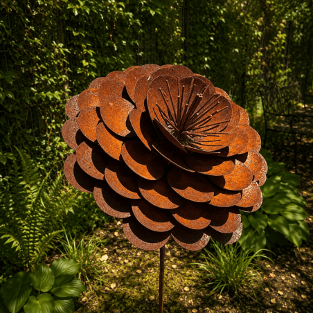 Rust-colored metal rose on a stake
