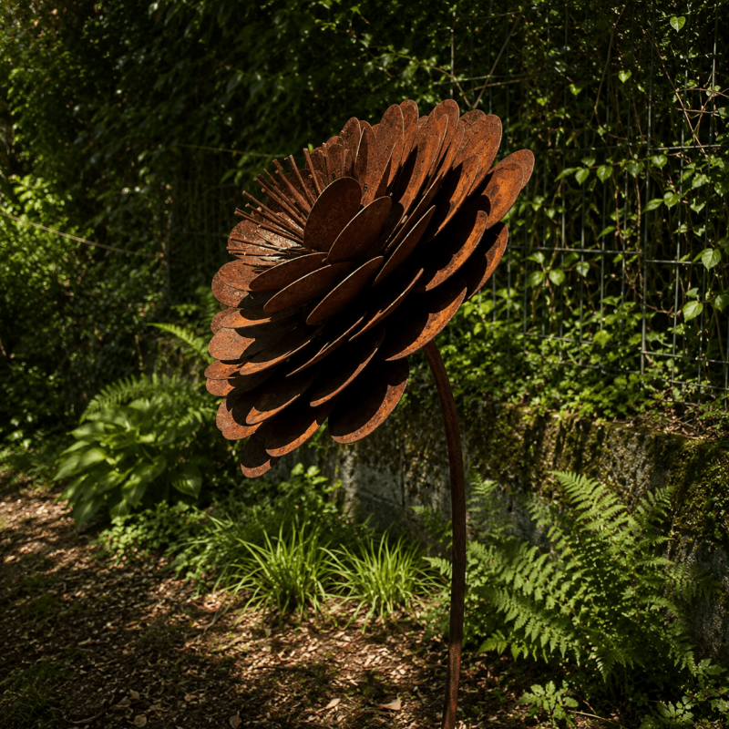Rust-colored metal rose on a stake — side view