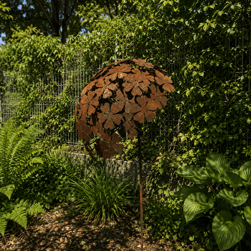 Rust-colored metal allium on a stake — side view