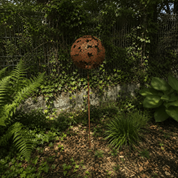 Metal allium on a rust-colored stake – overview
