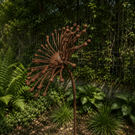 Rust-colored metal sun flower on a stake—side view