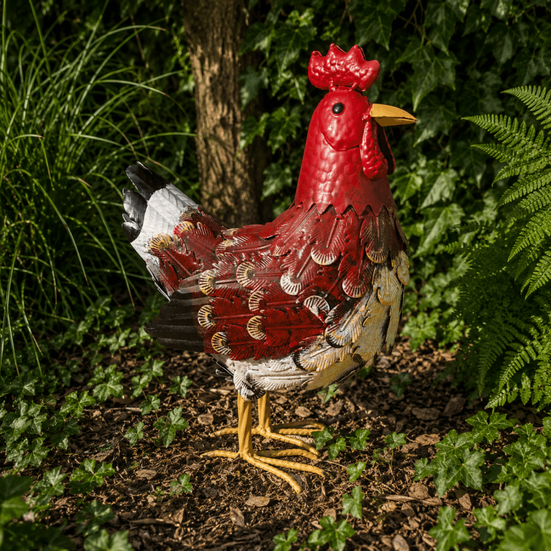 Poule décorative en métal coloré – Statue de jardin 36 cm