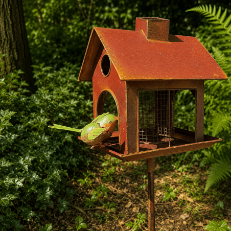 Mangeoire à oiseaux en métal sur pied – Maison rouille 126 cm
