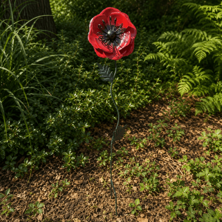 Red metal poppy installed in the garden