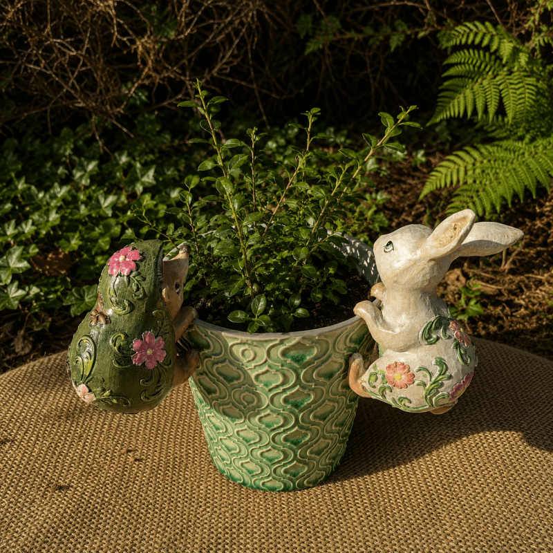 Lot de 2 accroche-pots lapin et hérisson en résine