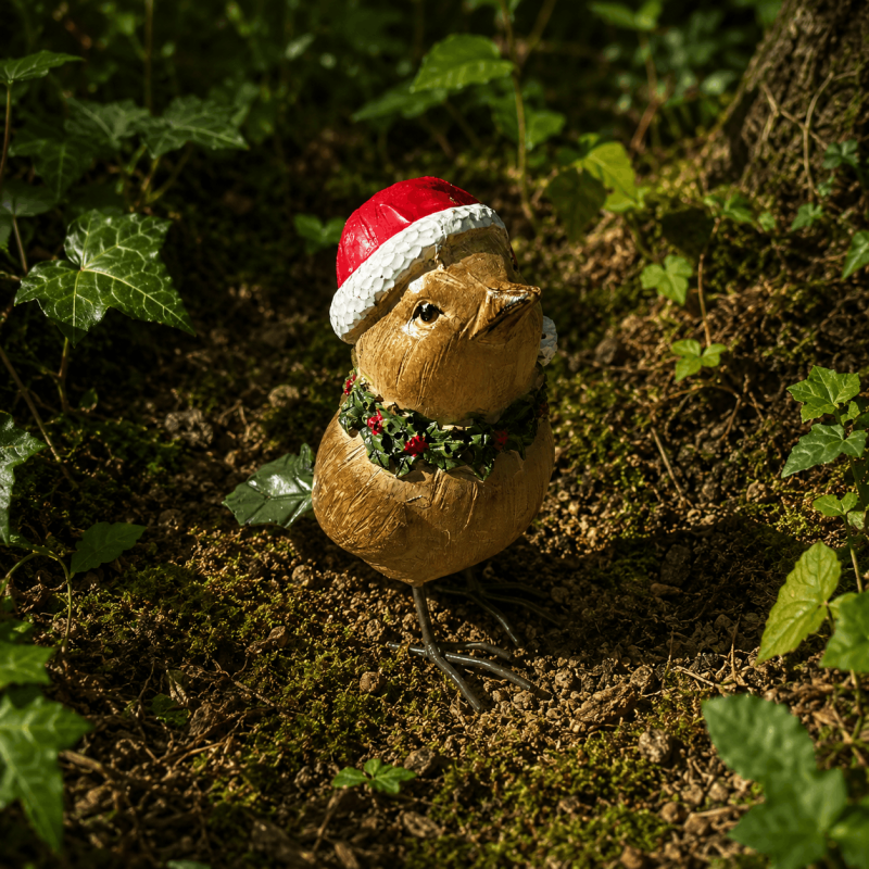 Oiseau de Noël décoratif en résine avec bonnet et écharpe
