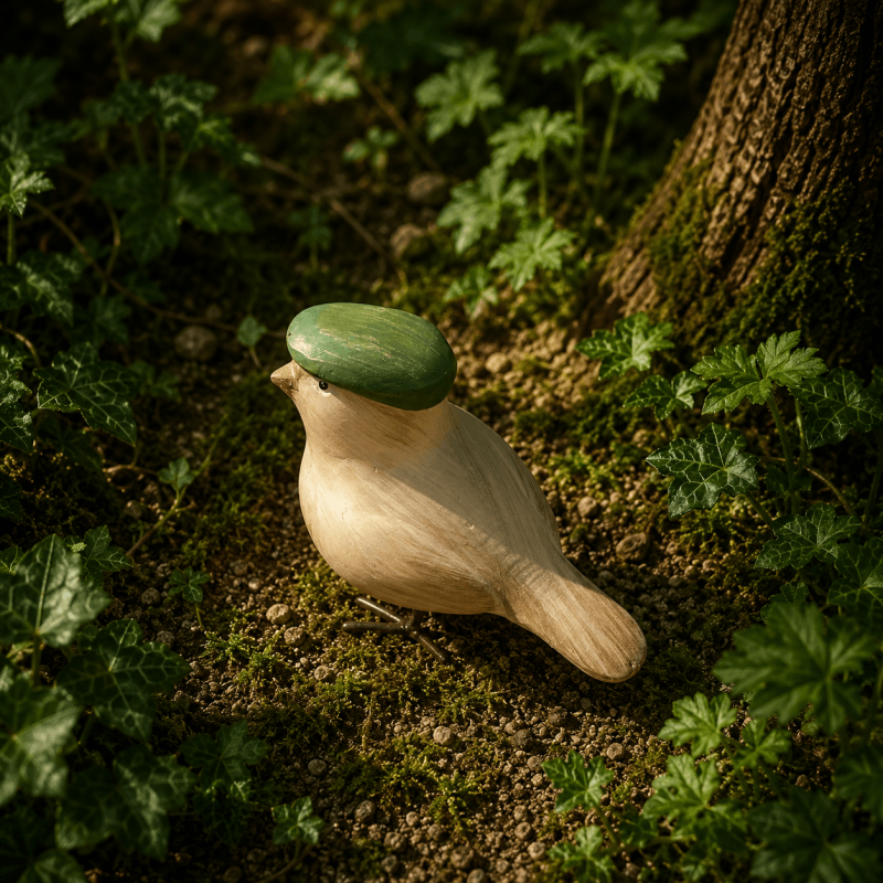 Petit oiseau décoratif en résine avec béret vert