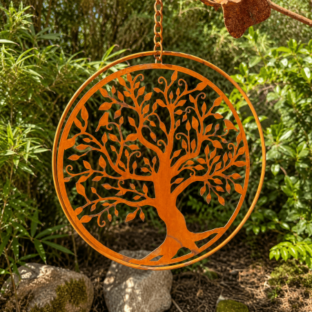 Suspension décorative arbre de vie en métal rouillé