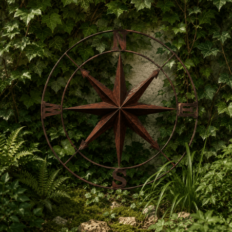 Grande rose des vents murale en métal rouillé – 108 cm
