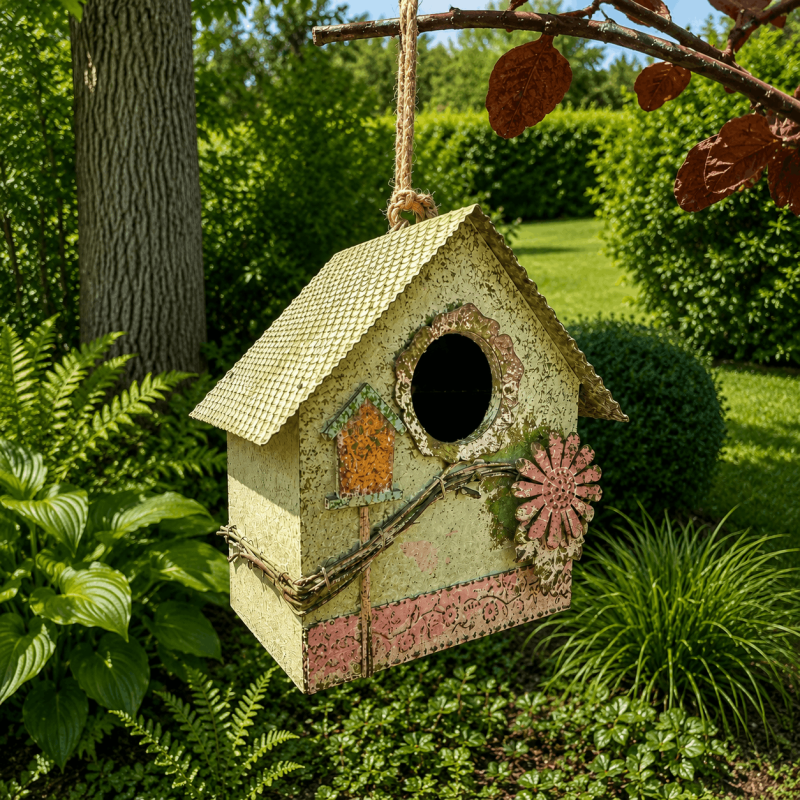 Nichoir à oiseaux rustique en bois et métal à suspendre