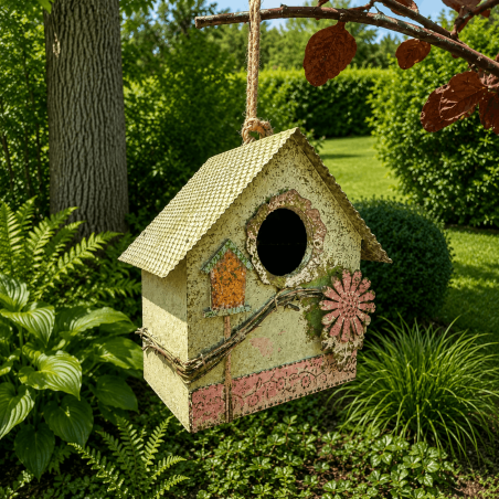 Nichoir à oiseaux rustique en bois et métal à suspendre