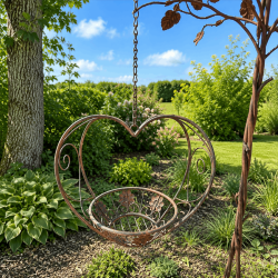 Heart-shaped hanging metal planter with basket in aged brown