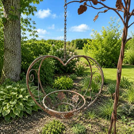 Heart-shaped hanging metal planter with basket in aged brown