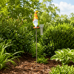 Garden gnome rain gauge on stake amongst plants
