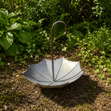 Galvanized metal bird feeder with wide umbrella-shaped seed dish