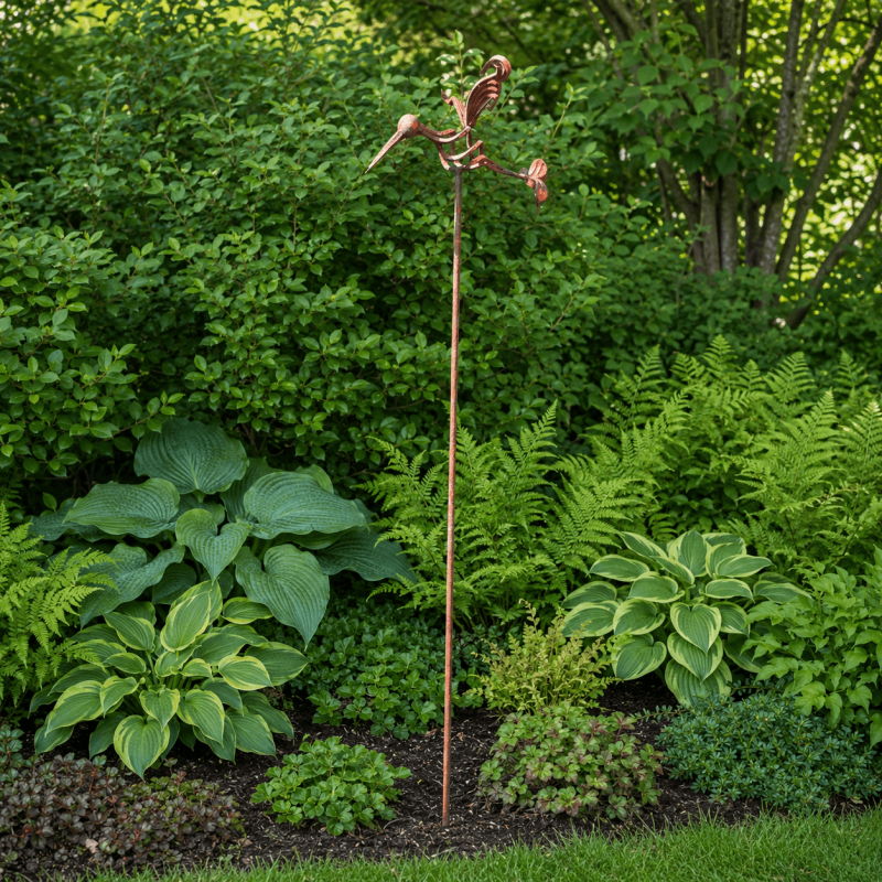 Decorative metal bird garden stake amongst plants