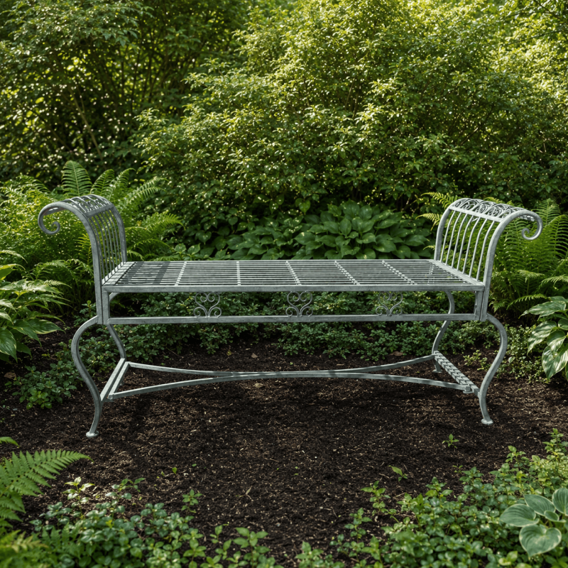 Patina-finished verdigris green metal garden bench – Full view