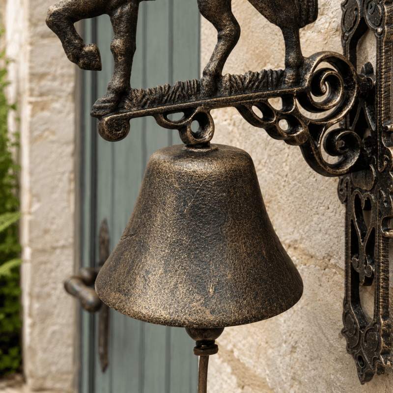 Detail of a wall-mounted horse bell, cast iron, golden-brown finish