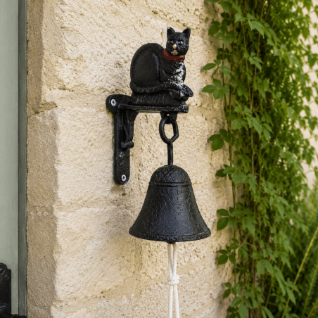 Small cast-iron doorbell with a black cat with green eyes