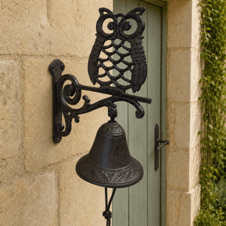 Decorative wall-mounted owl doorbell with an ornate bell