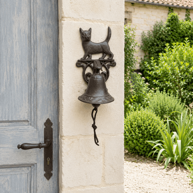 Cast-iron cat doorbell installed near an entrance
