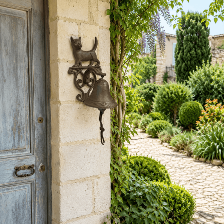 Wall-mounted doorbell with a cat design on a Charentaise-style façade